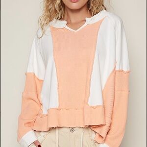 066 - POL Exposed Seam French Terry Knit Peach and White Top - New